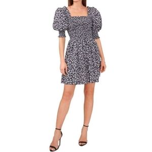 MSK Floral Puff Sleeve Smocked Bodice Dress Navy Blue Size Medium